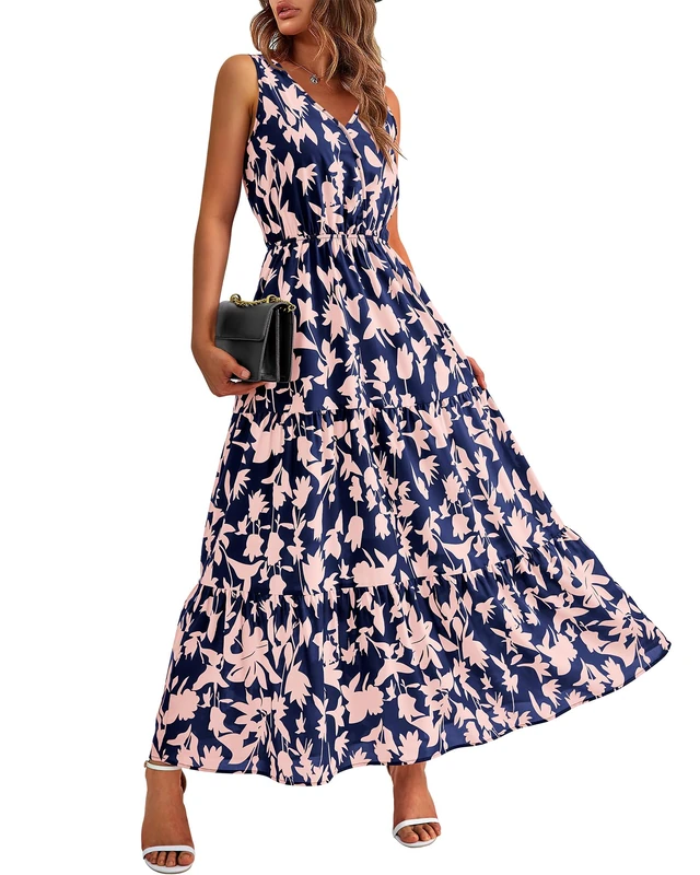 BTFBM Women Summer Dresses Casual Sleeveless Maxi Dresses Cute Floral Long Dress Wedding Guest Dress, Navy Pink Flower, L - Image 1