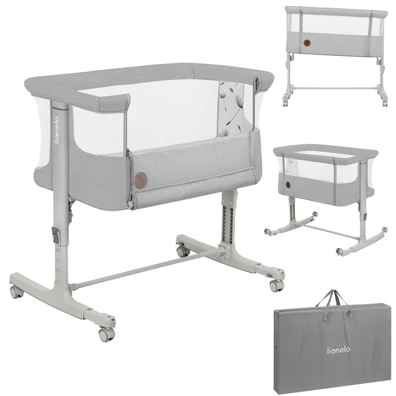 lionelo Aurora 3in1 Baby Bedside Cot Co-Sleeper for Babies From Birth to 9kg, Adjustable Height & Incline, Mattress, 4 Lockable Wheels, Breathable, Portable, Washable, Bag, Straps