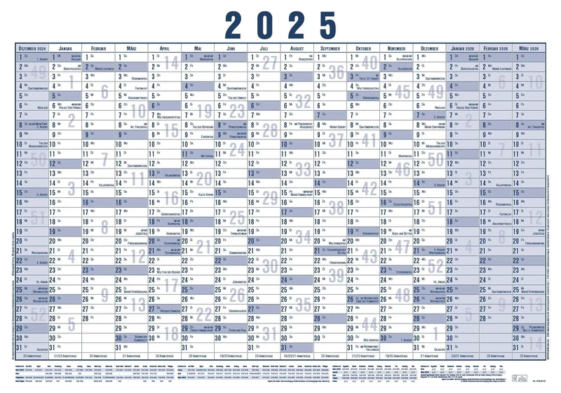 Poster Calendar 16 Mon 2025 100 x 70 5 Pieces Rolled