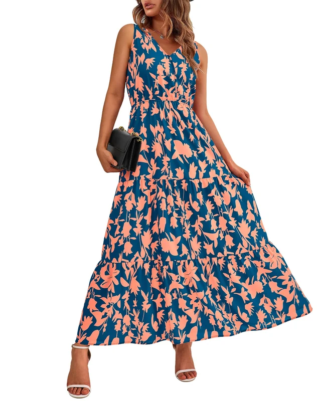 BTFBM Women Summer Dresses Casual Sleeveless Maxi Dresses Cute Floral Long Dress Wedding Guest Dress, Navy Orange Flower, L - Image 1