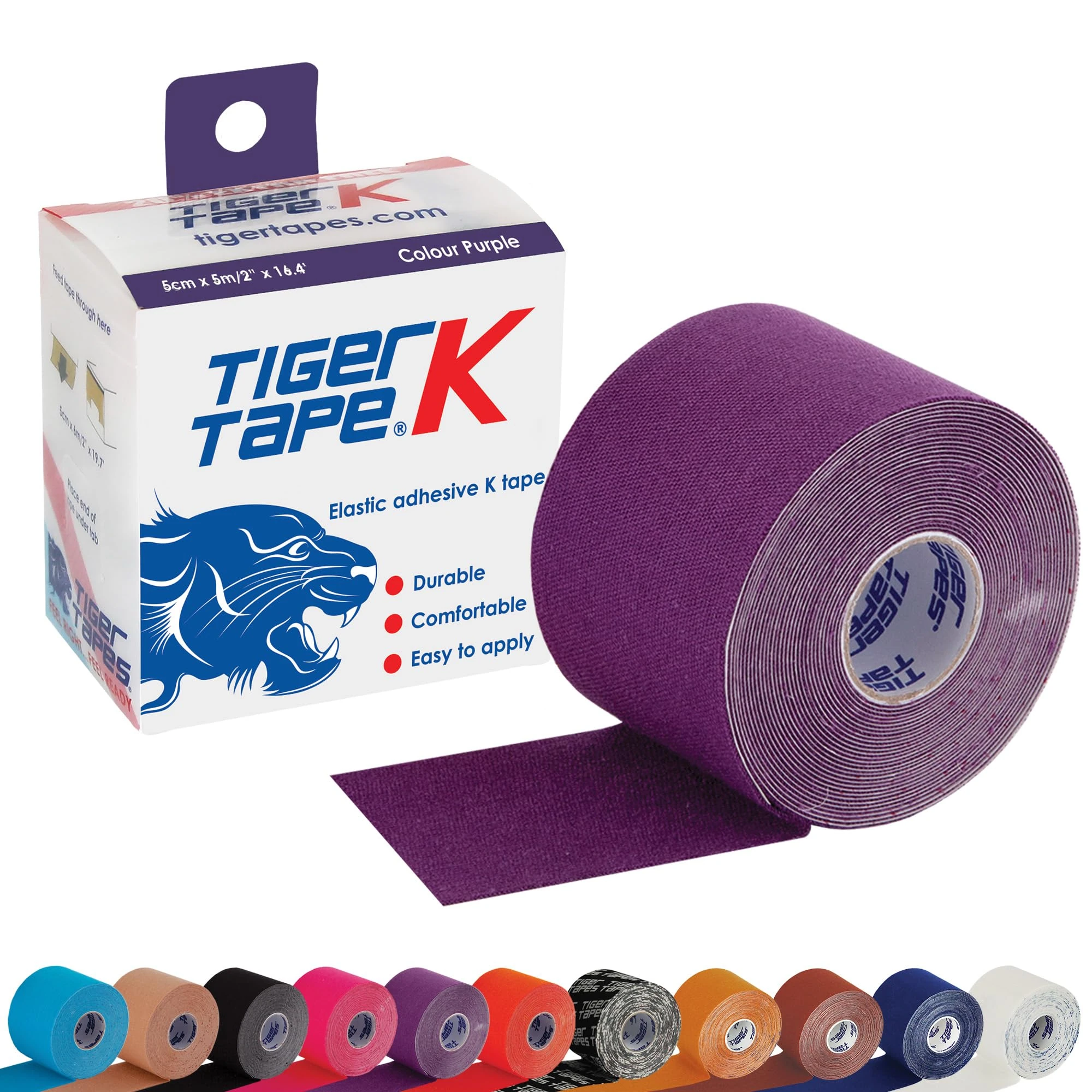 TIGERTAPES K Tape - Purple Kinesiology Tape (5cm x 5m) | Uncut Muscle Tape for Running, Sports & Injury Recovery | Waterproof, Hypoallergenic & Elastic Athletic Tape for Training & Rehab