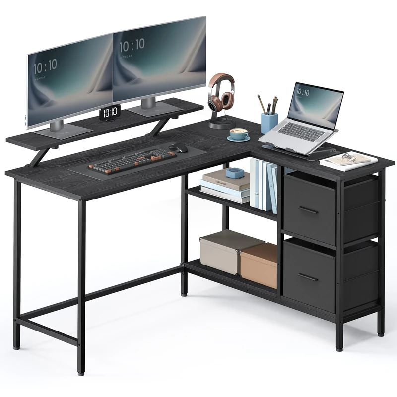 VASAGLE L-Shaped Desk with 2 Spacious Drawers, Gaming Desk with Monitor Stand, Corner Desk, Computer Desk with Adjustable Storage Shelf, for Home Office, Ebony Black LWD098B56