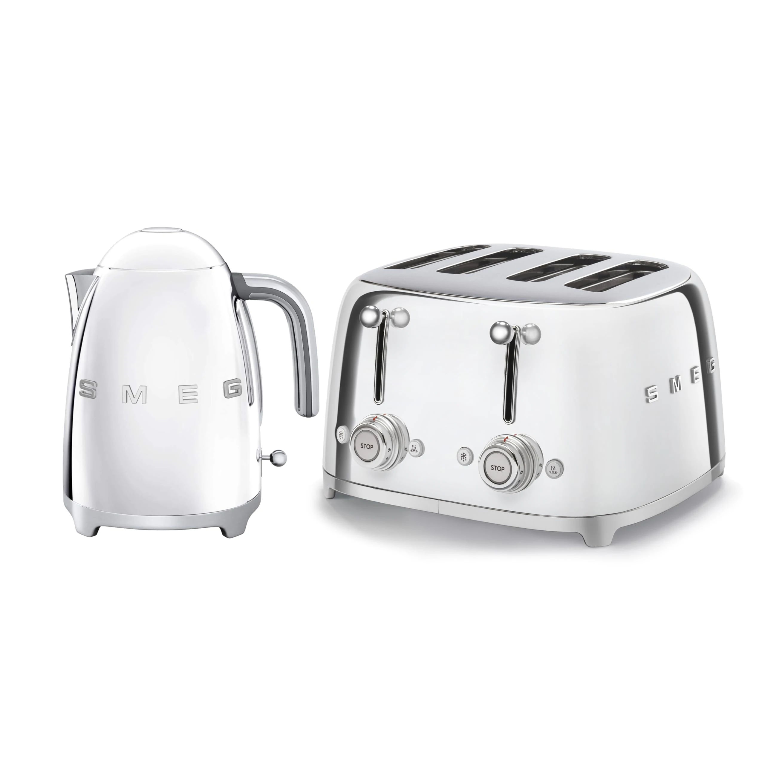 Smeg 50’s Style Retro Range Breakfast Set, 1.7L 3000W Kettle and Multi-Functional Control 4-Slice 2000W Toaster, Polished Stainless Steel, KLF03SSUK/ TSF03SSUK