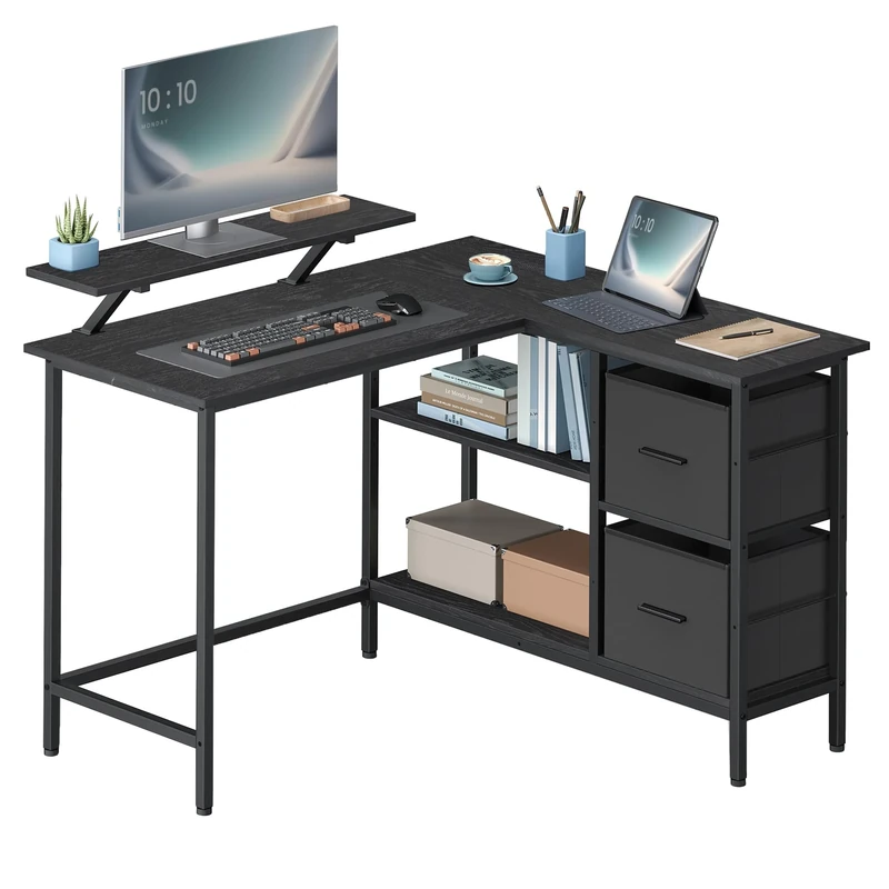 VASAGLE L-Shaped Computer Desk, Corner Desk, 2 Spacious Drawers, Monitor Stand, Adjustable Shelf, Wood Black LWD097B56