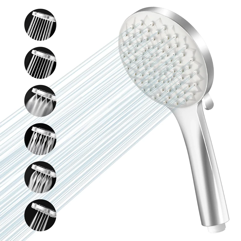 VEHHE Shower Head with 6 Spray Modes, High Pressure Shower Heads Round One-Hand Operation, Large Shower Head with Anti-Clogging Silicone Nozzle, Universal Shower Heads Handheld for Home Gym Spa