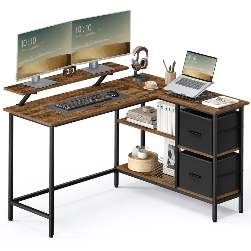 VASAGLE L-Shaped Desk with 2 Spacious Drawers, Gaming Desk with Monitor Stand, Corner Desk, Computer Desk with Adjustable Storage Shelf, for Home Office, Rustic Brown LWD098B01