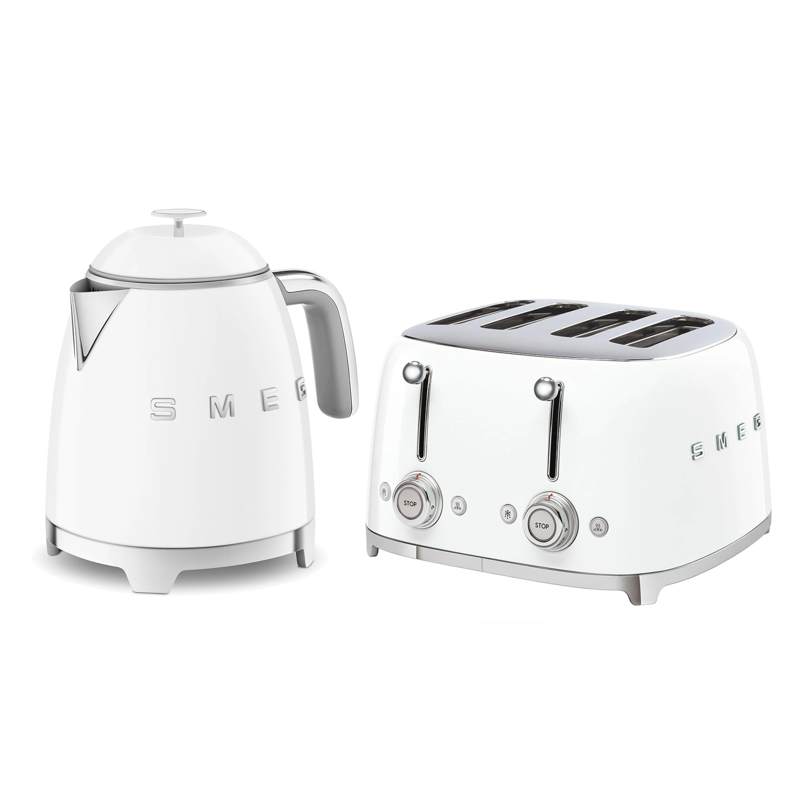 Smeg 50’s Style Retro Range Breakfast Set, 0.8L 1400W Mini Kettle and Multi-Functional Control 4-Slice 2000W Toaster, White, KLF05WHUK/ TSF03WHUK
