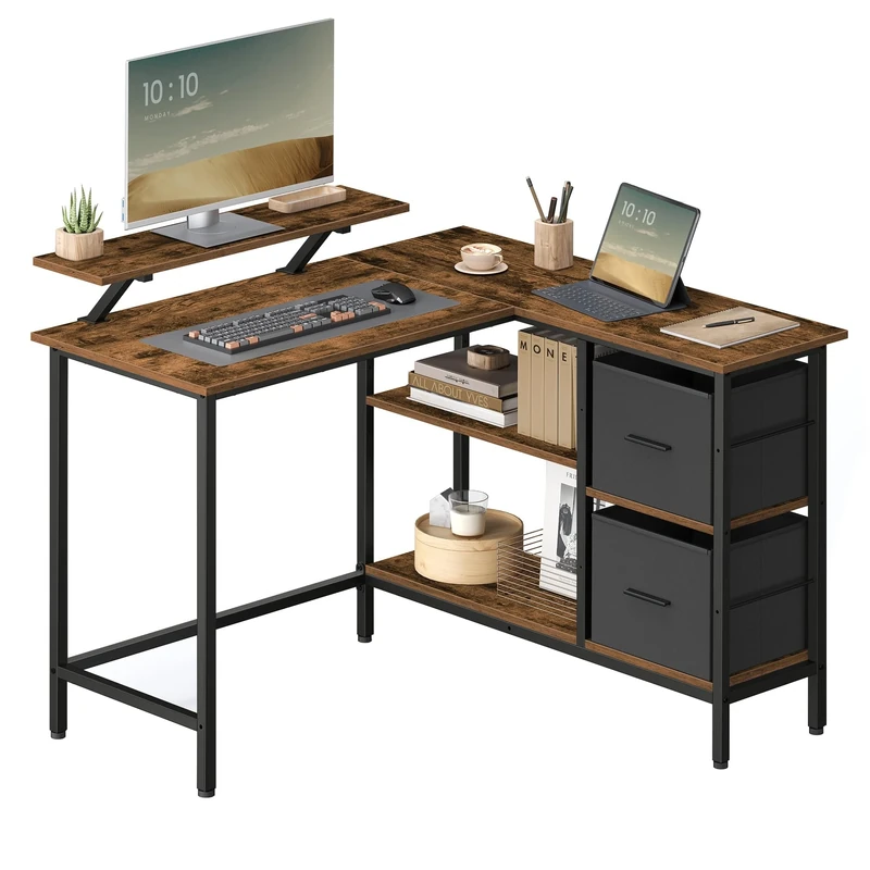 VASAGLE L-Shaped Desk with 2 Spacious Drawers, Gaming Desk with Monitor Stand, Corner Desk, Computer Desk with Adjustable Storage Shelf, for Home Office, Rustic Brown LWD097B01