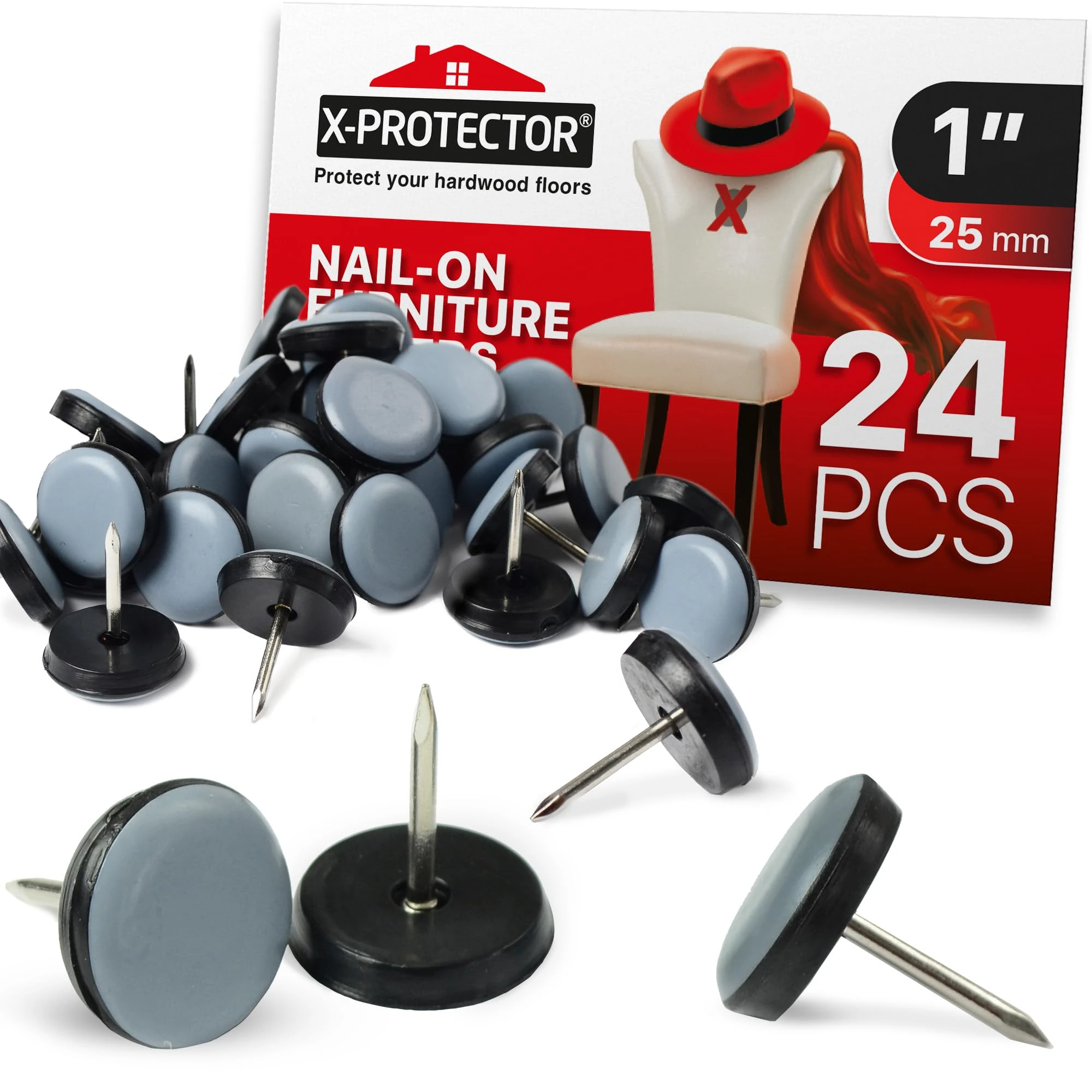 X-Protector 24 Pack 1" Nail Chair Glides - Grey Nail On Chair Leg Pads - Premium Floor Protectors - Effortlessly Glide with Foot Pads