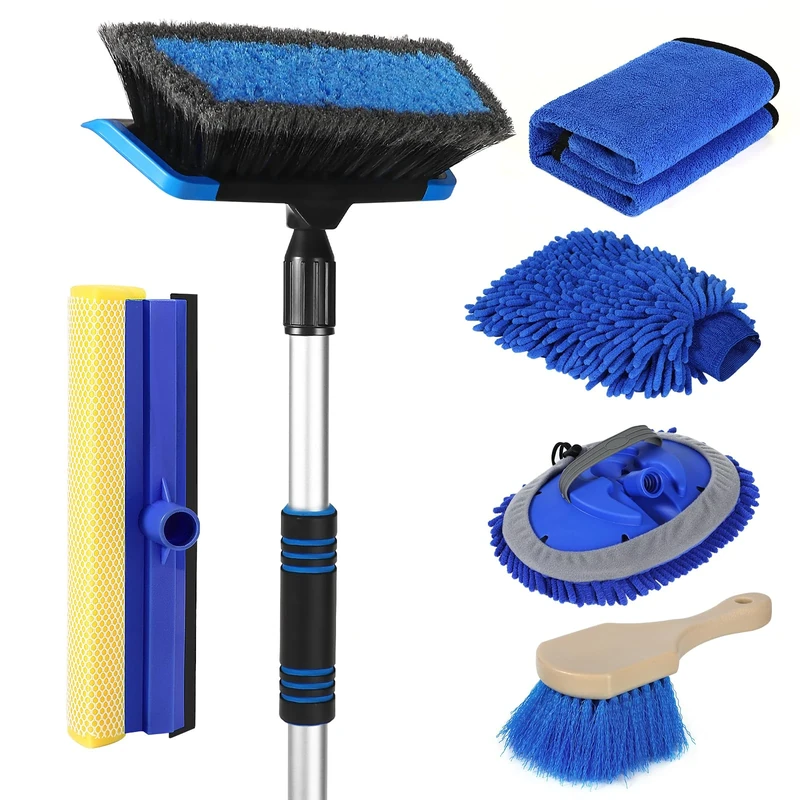 Wontolf 62'' Car Wash Brush with Long Handle, Scratch-Free Soft Bristles Sturdy Car Wash Mop, Complete Cleaning Brush Kit Wash Mitt Towel Windshield Squeegee Wheel Tire Brush for Car Truck RV
