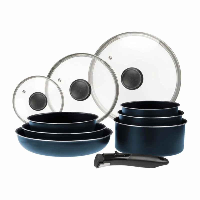 Sitram 714251 Cookware Set 10 Pieces Aluminium Blue Metal Matt: Removable Handle, 3 Frying Pans Diameter 20.24.5 cm, 3 Saucepans Diameter 16.18 cm, 3 Glass Lids Diameter 16.20 cm, Suitable for All