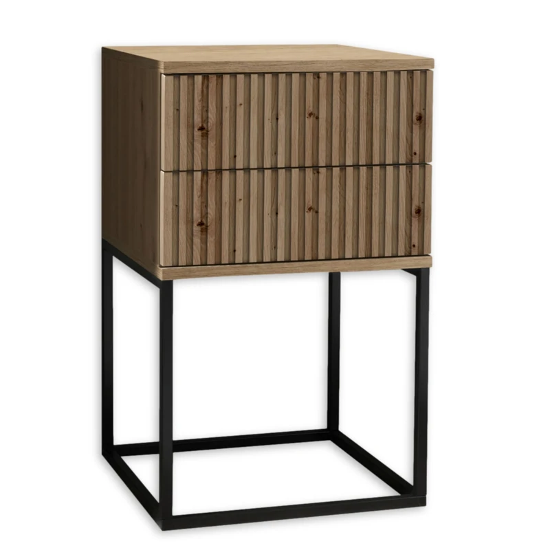 Stella Trading Marle Bedside Table in Artisan Oak Look - Modern Bedside Cabinet with Drawers and Black Metal Frame - 40 x 65 x 38.5 cm (W x H x D)