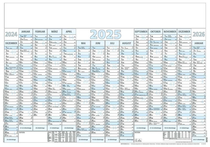 Poster Calendar 14 Mon Blue 2025 100 x 70 5 Pieces