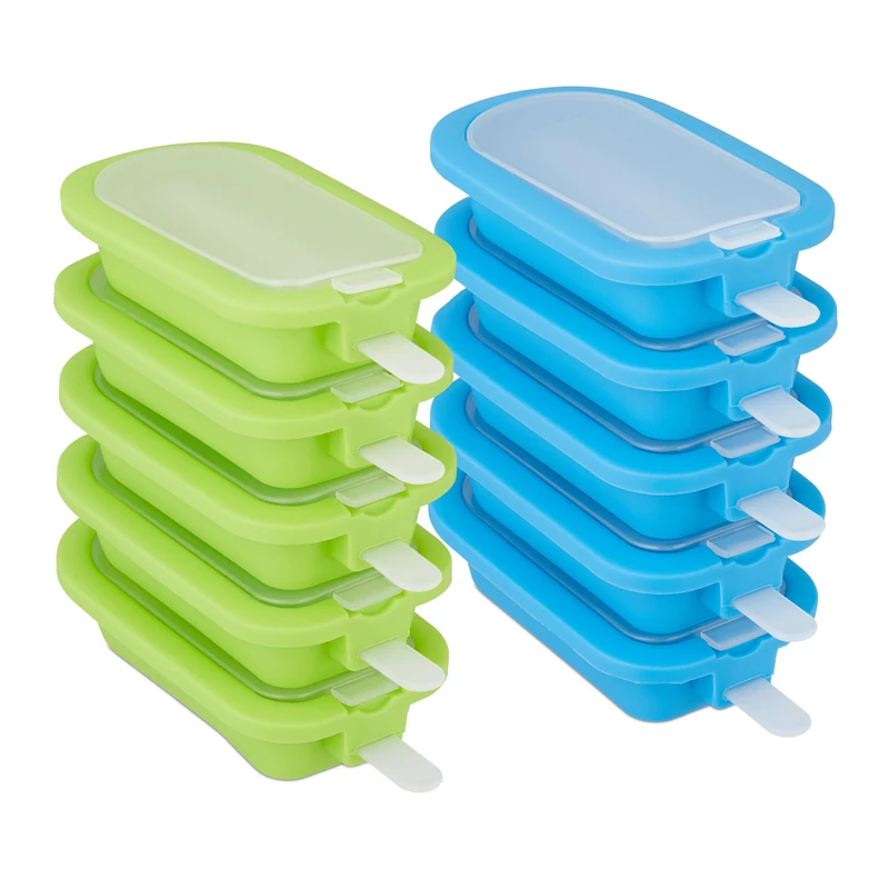 Relaxdays Set of 10 Popsicle Moulds, BPA-Free Silicone, Ice Lolly Forms, Fruit Sticks, Frozen Juice, Green/Blue/Pink, 2.5 x 6.5 x 14 cm