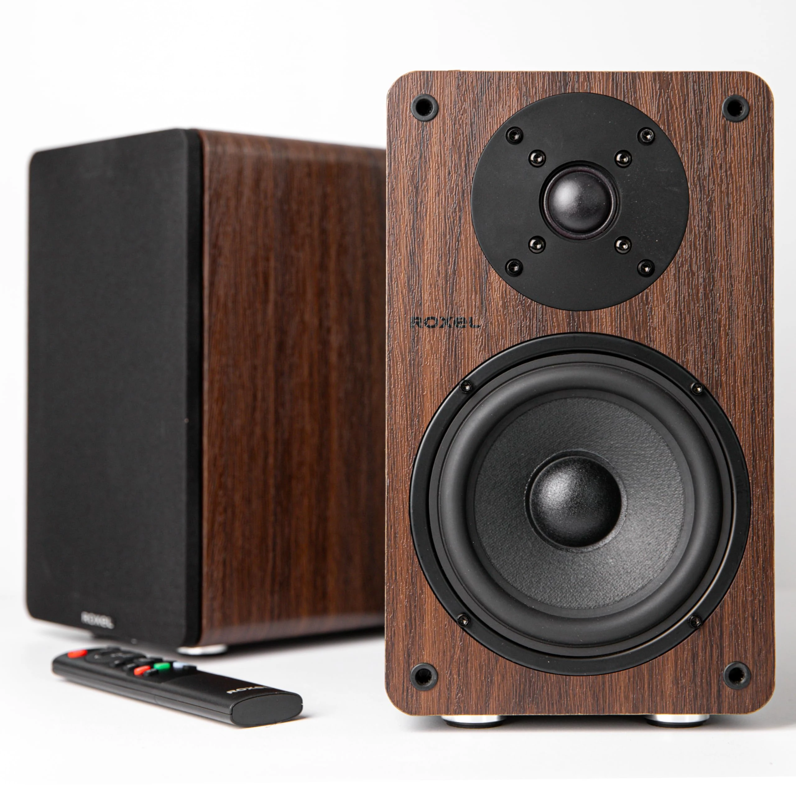 Roxel Onyx Active Bookshelf Speakers, 100-Watt RMS Power, Wireless BT 5.0 Streaming, HDMI ARC, 3-Metre Speaker Cable, Dynamic Sound for Movies, Music, Office, Home Theatre (Walnut)