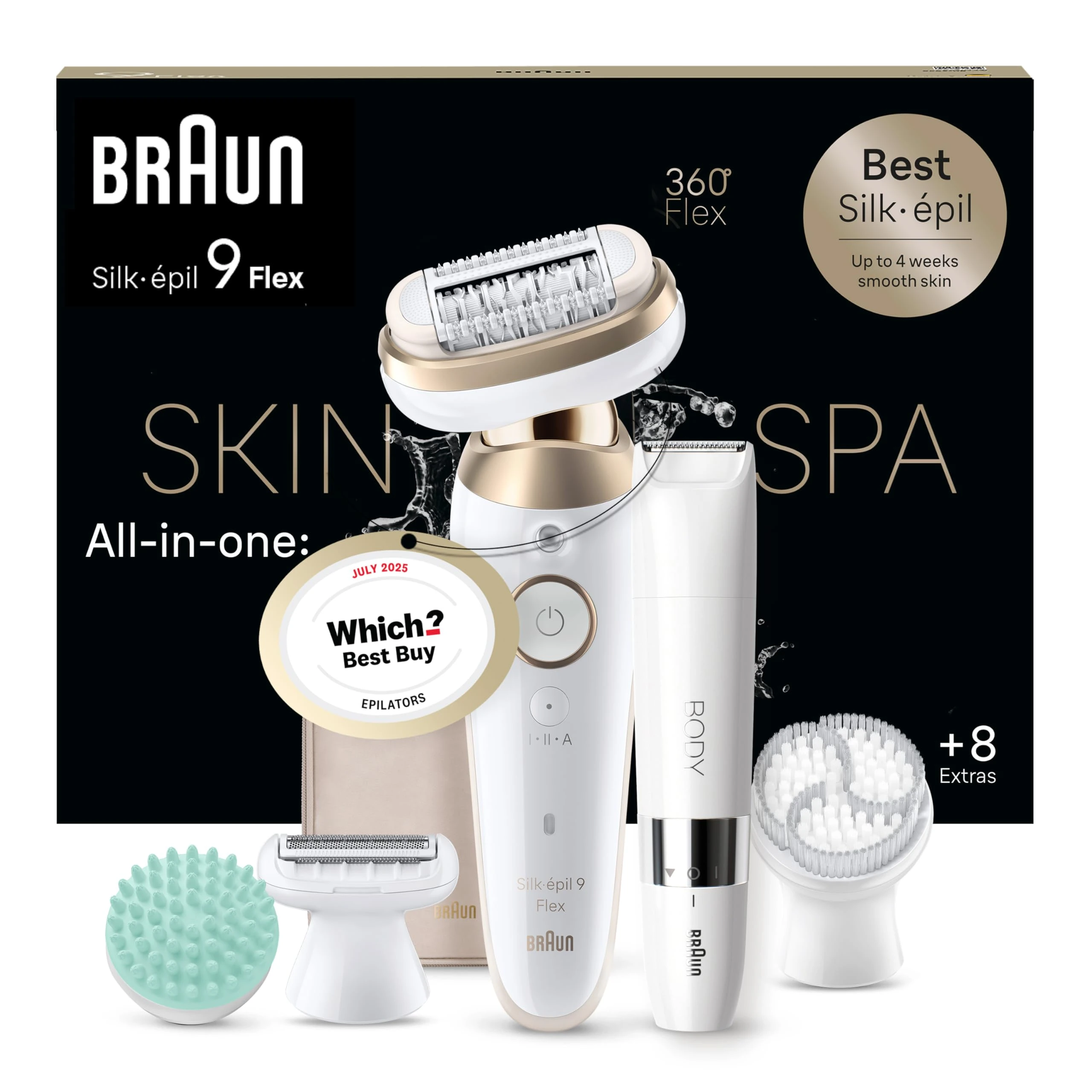 Braun Silk-épil 9 Flex SkinSpa, Epilator with 360° Flexible Head for Easy Hair Removal, Wet & Dry, Lasting Smooth Skin, All-in-One Kit, with Body Mini Shaver, SES9-481 3D, White/Gold