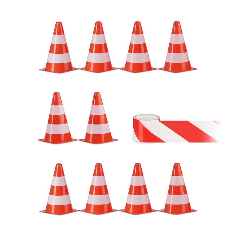 Relaxdays Safety Cones, Set of 10, with 50 m Barrier Tape & Storage Bag, for Marking Traffic, 22.5 cm, Striped, Orange, 22.5 x 13.5 x 13.5 cm