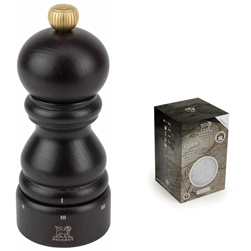 Peugeot - Paris u'Select Manual Salt Mill - Adjustable Grinder - Beechwood, Chocolate, 12 cm + Peugeot Saveurs 42721 Salt, Wood