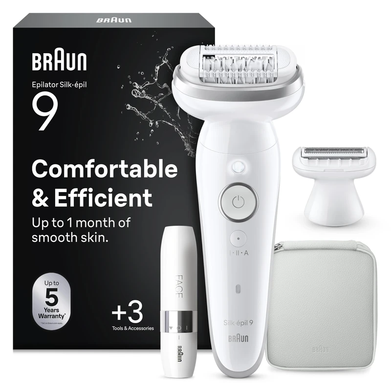 Braun Silk-épil 9 Epilator for Easy Hair Removal, Silky Smooth Skin, 9-041, White/Silver