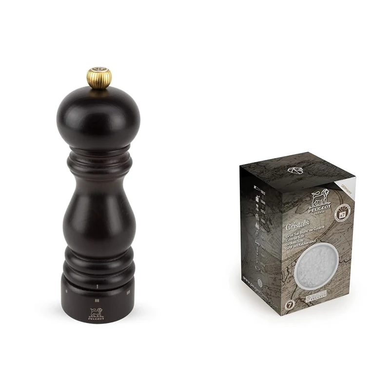 Peugeot - Paris u'Select Manual Salt Mill - Adjustable Grinder - Beechwood, Chocolate - 18 cm + Peugeot Saveurs 42721 Salt, Wood