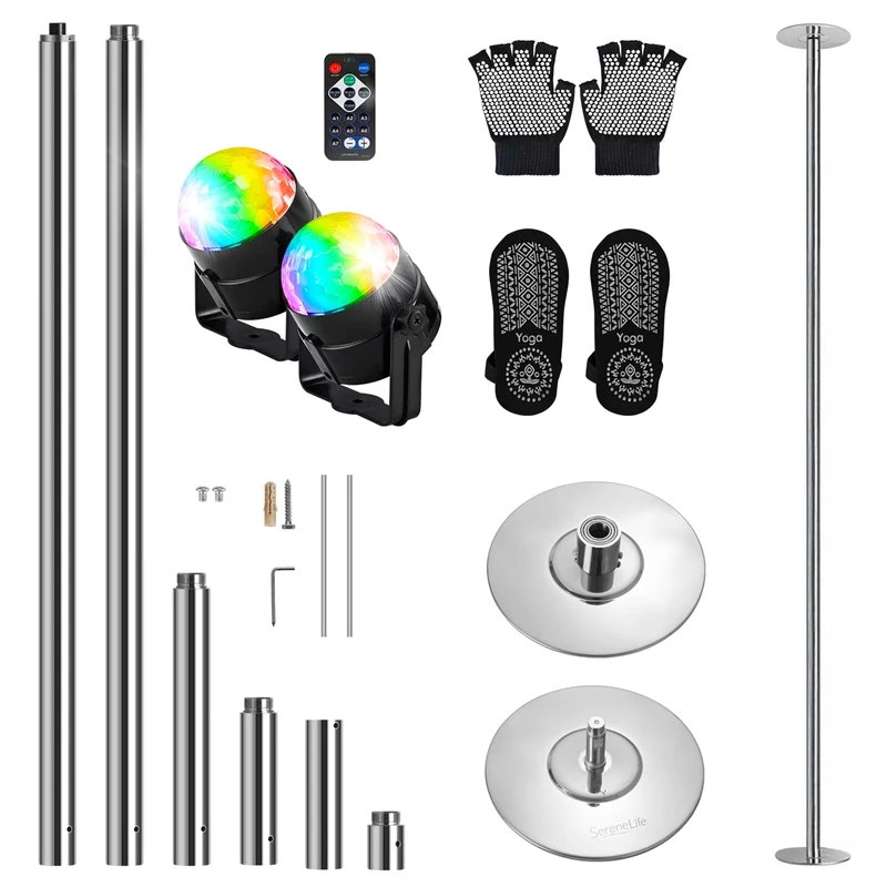 Portable Spinning Dancing Pole Kit - Ultimate Fitness & Fun Bundle Pole | with Yoga Socks and Party Lights | Professional Grade | and Perfect for Training, Performing, & Exercise
