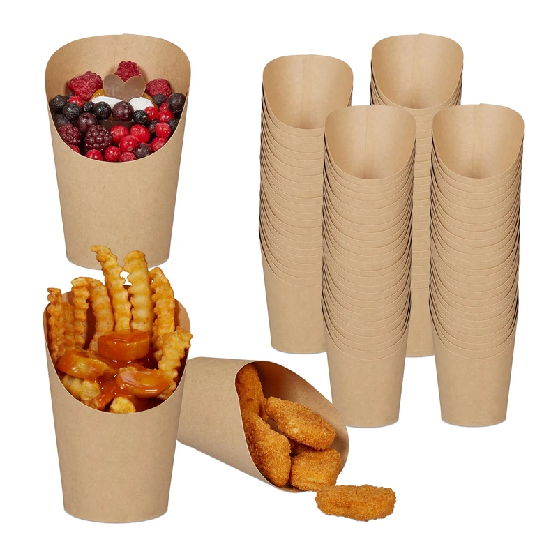 Relaxdays Kraft Paper Cup, Set of 100, Chips, Ice Cream, Popcorn, Snacks to Go, 400ml, Cardboard Snack Cone, Brown