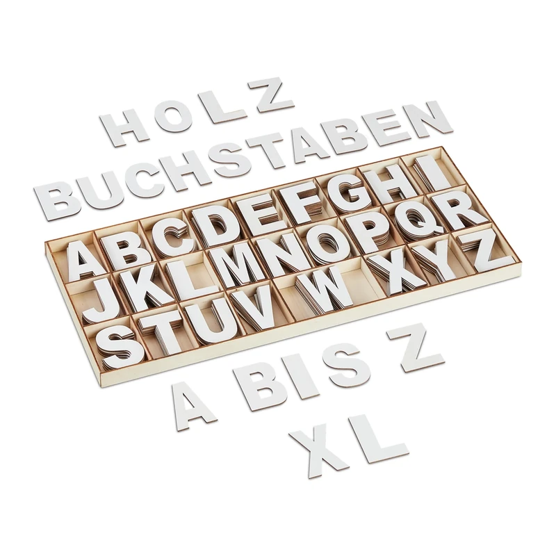 Relaxdays Wooden Letters Set, 208 pcs, Crafts, Uppercase A-Z, with Convenient Storage Box, Characters, Decoration, White, Wood, 2 x 41 x 18 cm