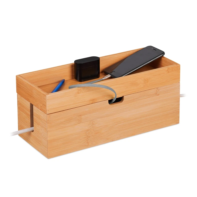 Relaxdays Cable Box for 2 Socket Strips, Bamboo, Wire Storage with Shelf, 14 x 34 x 14 cm, Conceal Power Cords, Natural