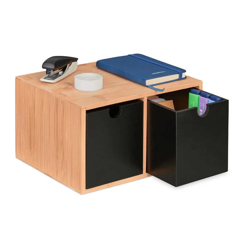 Relaxdays Desk Organiser, Bamboo Drawer Box, 2 Compartments, 14.5 x 24.5 x 20 cm, Desktop Storage Space, Natural/Black