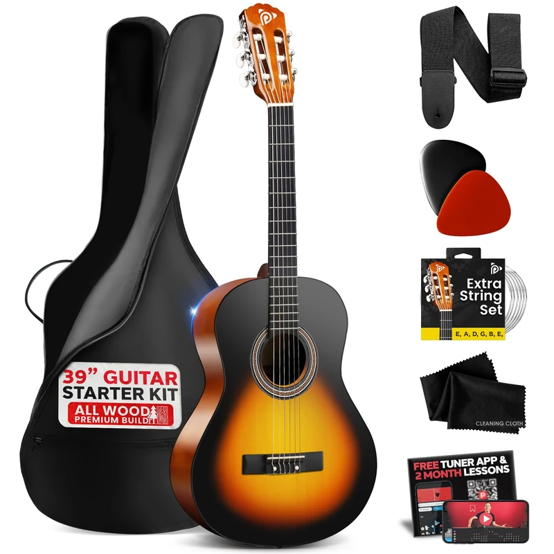 Pyle Beginner Acoustic Guitar, Junior Size 99 cm, All Wood Build Nylon String with Capo Strap, Extra String Set, and Gig Bag Acoustic, For Kids Adults Youth Classical Kit Sunburst Teardrop Matte