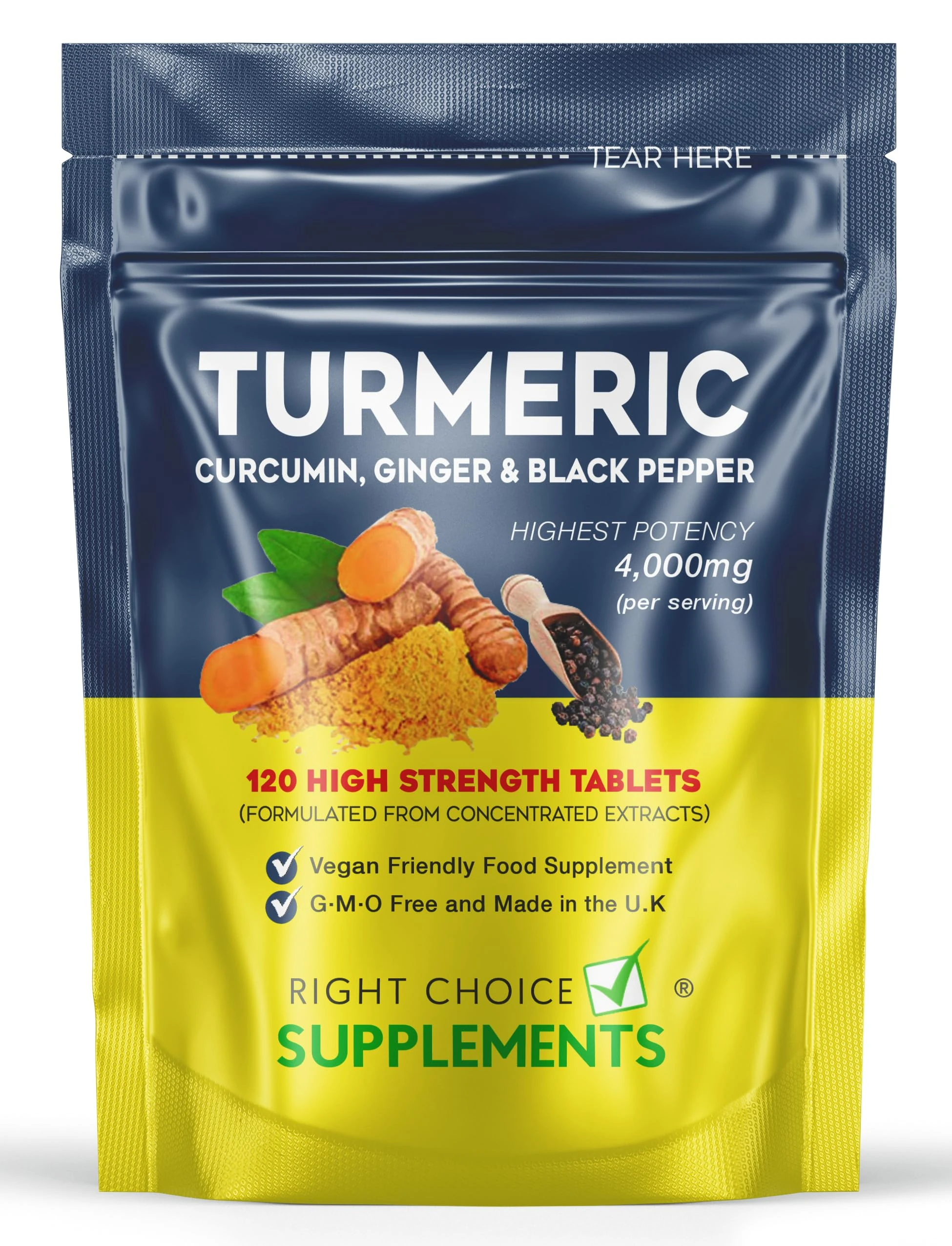 Turmeric, Ginger & Black Pepper 4000 mg Tablets (per Serving), High Strength Curcumin Supplements, Vegan and Gluten Free, UK Made, 120 Count
