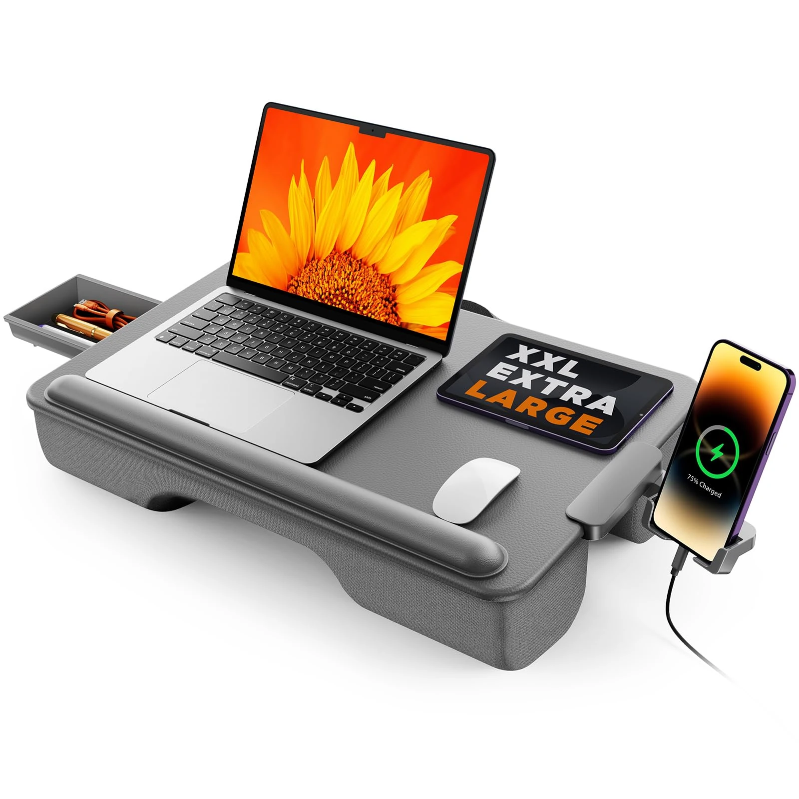 Laptop tray, Lap Tray, SAIJI Lap Desk Anti-Slip Leather Lap Desk, 54 * 33cm Large Lap Tray, with Drawer, Soft Wrist Rest, Phone Holder, Comfort Cushion, Fits up to 17 inch