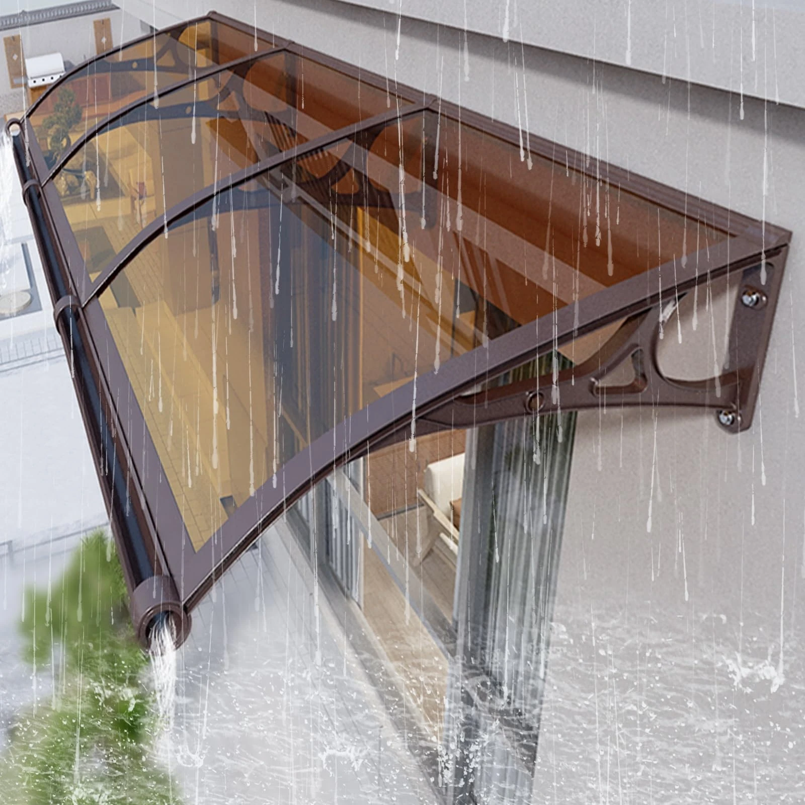 Polycarbonate Sunlight Protection Patio Canopy, Modern Outdoor Window Canopy Sun shetter, Front Door Awning Canopy with Aluminum Bracket, mute Door Canopy Cover,UV Rain Snow Protection. ( Color : Brow