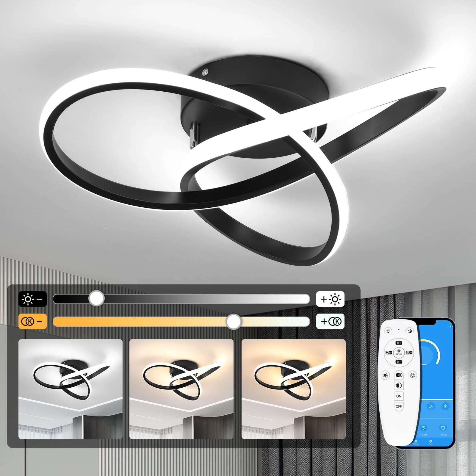 EIDISUNY Led Ceiling Light Dimmable, Modern Led Ceiling Lamp with Remote Control, Minimalist Black Ceiling Lights for Bedroom Kitchen Living Room Dining Office Hallway - 42W, Black, 40cm, 3000K-6000K