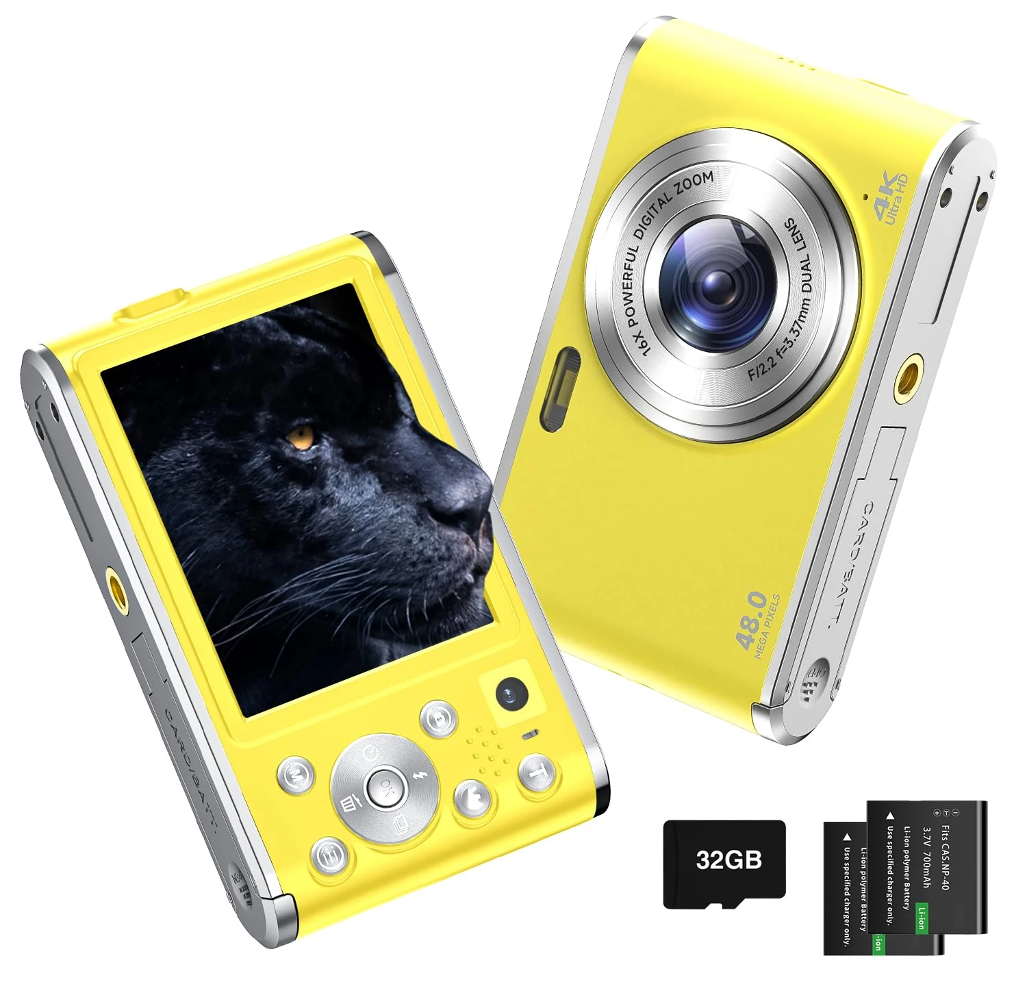 Digital Camera 4K UHD 48MP Autofocus Camera Selfie with Front and Rear Dual Lenses, 32GB Card, 2 Batteries, 16X Digital Zoom, Compact Travel Vlogging Video Camera for Kid Teen Beginner (Yellow)