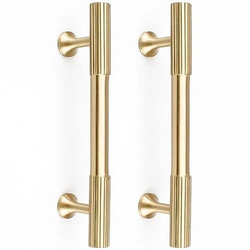 RZDEAL 4pcs Solid Brass Gold Cabinet Pulls, Euro Style T Bar Handles, 4-Inch Center to Center, 5-5/8 Inch Total Length for Kitchen Drawer Dresser Cupboard, Brushed Brass Finish
