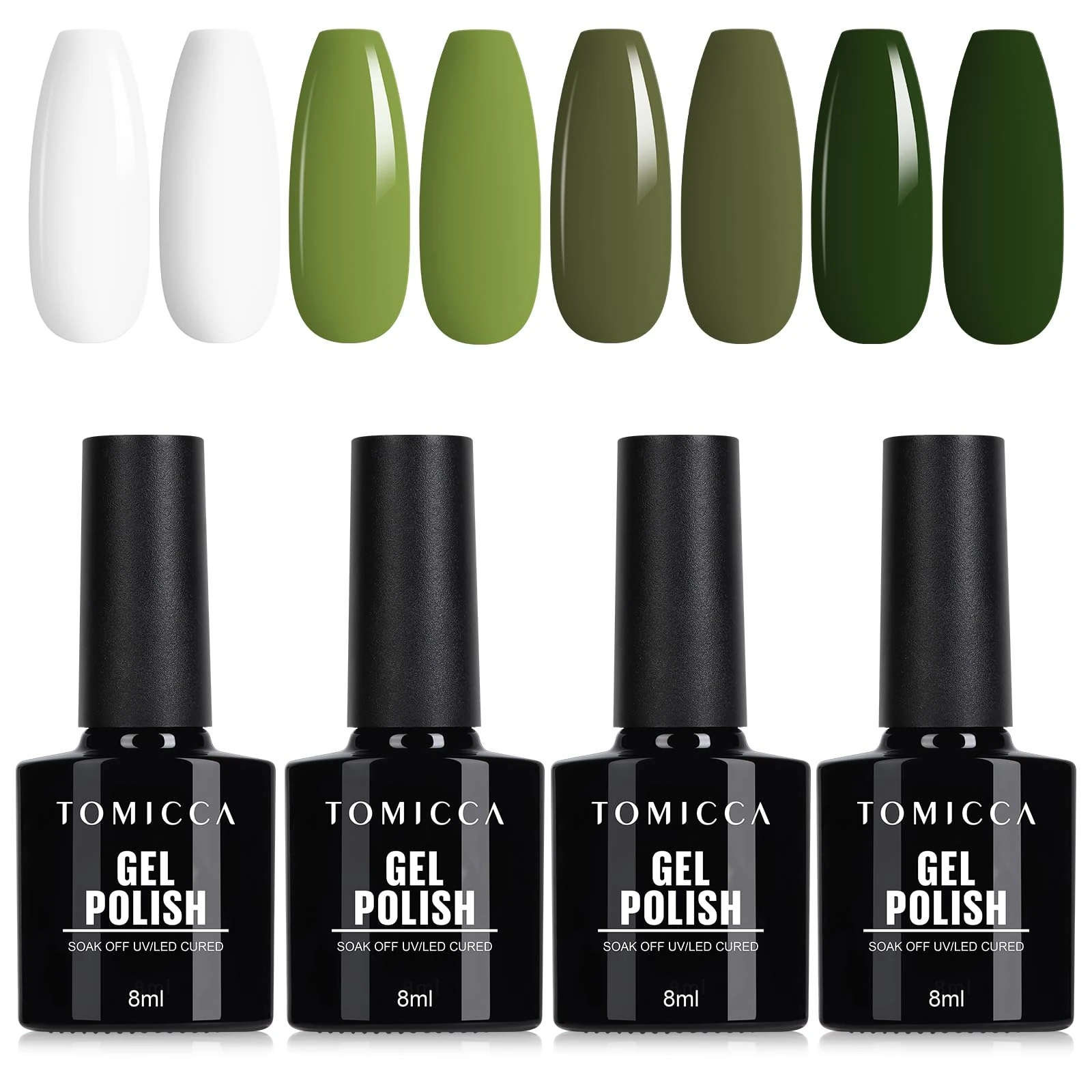 TOMICCA Gel Nail Polish, White Olive Green Dark Green Gel Polish Set Soak Off UV LED Gel Nail Kit Nail Art Manicure Salon DIY Home for Women Gift,4 x 8ML