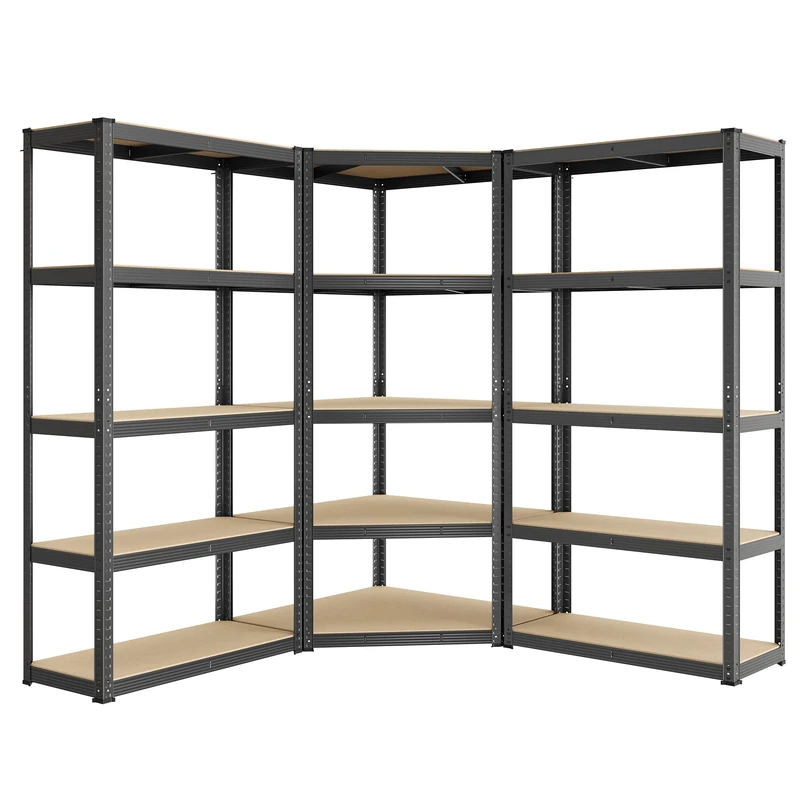 SONGMICS Corner Shelf 5-Tier, Garage Shelving, Heavy Duty Metal Shelving Units, for Garage, Storage Room, Warehouse, Loads 2625 kg, Ink Black and Natural Beige GLR070B03