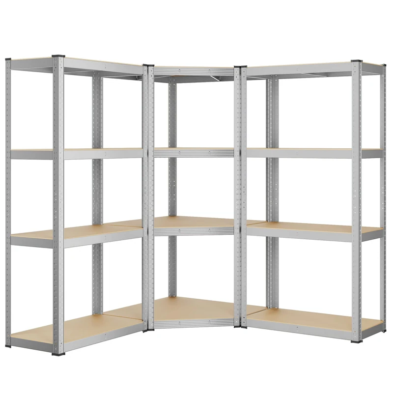 SONGMICS Corner Shelf 4-Tier, Garage Shelving, Heavy Duty Metal Shelving Unit, for Garage, Storage Room, Warehouse, Loads 1500 kg, Silver and Natural Beige GLR056E03