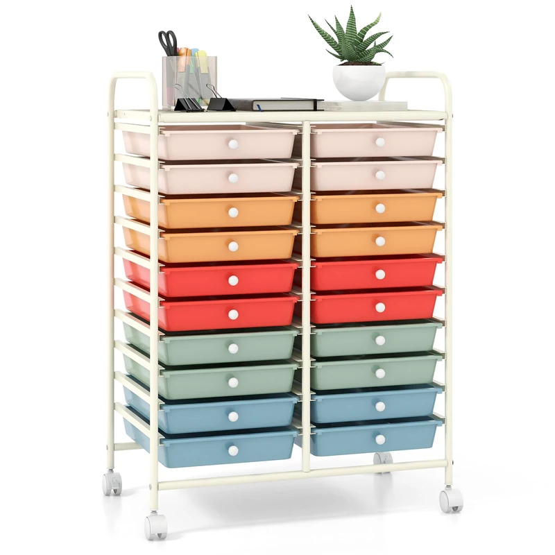 GiantexUK 20 Drawers Storage Trolley, Multipurpose Mobile Rolling Cart with Lockable Wheels, Rolling Utility Shelving Organizer Unit for Home Office Salon (Colorful)
