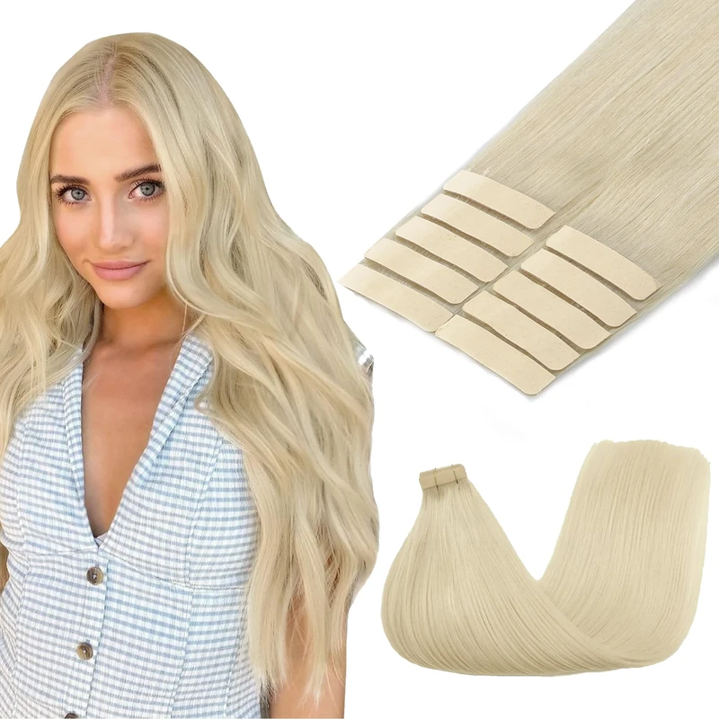 GOO GOO Tape in Hair Extensions human hair, tape Hair Extensions, 20inch 30g 10pcs, Human Hair Extensions, 60A Platinum Blonde
