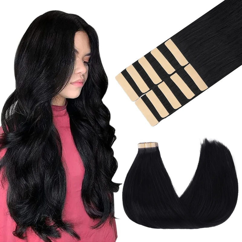GOO GOO Tape in Hair Extensions human hair, tape Hair Extensions, 22inch 30g 10pcs, Human Hair Extensions, 1 Jet Black