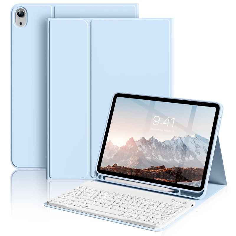 ZOYU Keyboard Case for iPad (A16) 11th Generation 11 Inch 2025, iPad 10th Generation 10.9 inch 2022, Stand Folio Detachable Wireless Bluetooth Rechargeable Keyboard Case with Pencil Holder, Light Blue