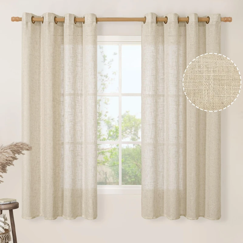 LAMIT Light Filtering 63 inch Length Sheer Curtains, Soft Semi Sheer Linen Textured Bronze Grommet Neutral Boho Drapes for Living Room/Bedroom, 2 Panels Set, 52 x 63 Inch, Linen