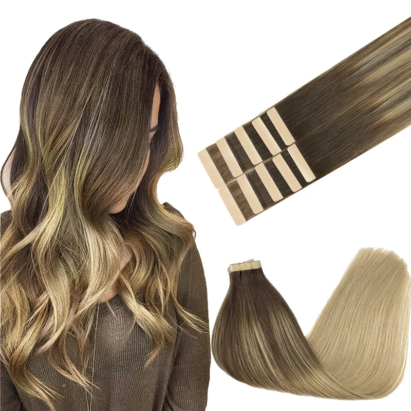 GOO GOO Tape in Hair Extensions human hair, tape Hair Extensions, 14inch 25g 10pcs, Human Hair Extensions, 4/18 Chocolate Brown Highlighted Dirty Blonde