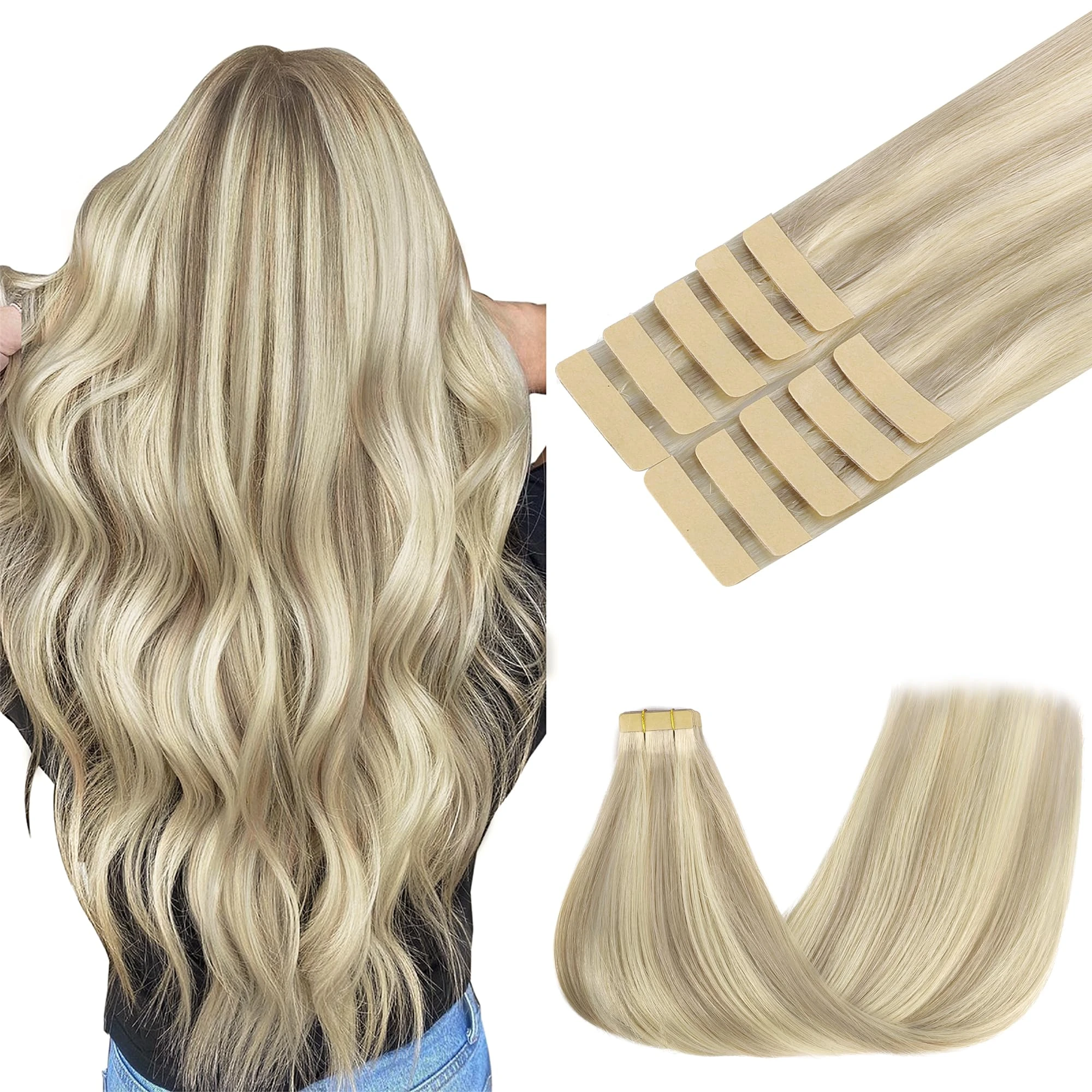 GOO GOO Tape in Hair Extensions human hair, tape Hair Extensions, 14inch 25g 10pcs, Human Hair Extensions, 17A/60A Ash Blonde