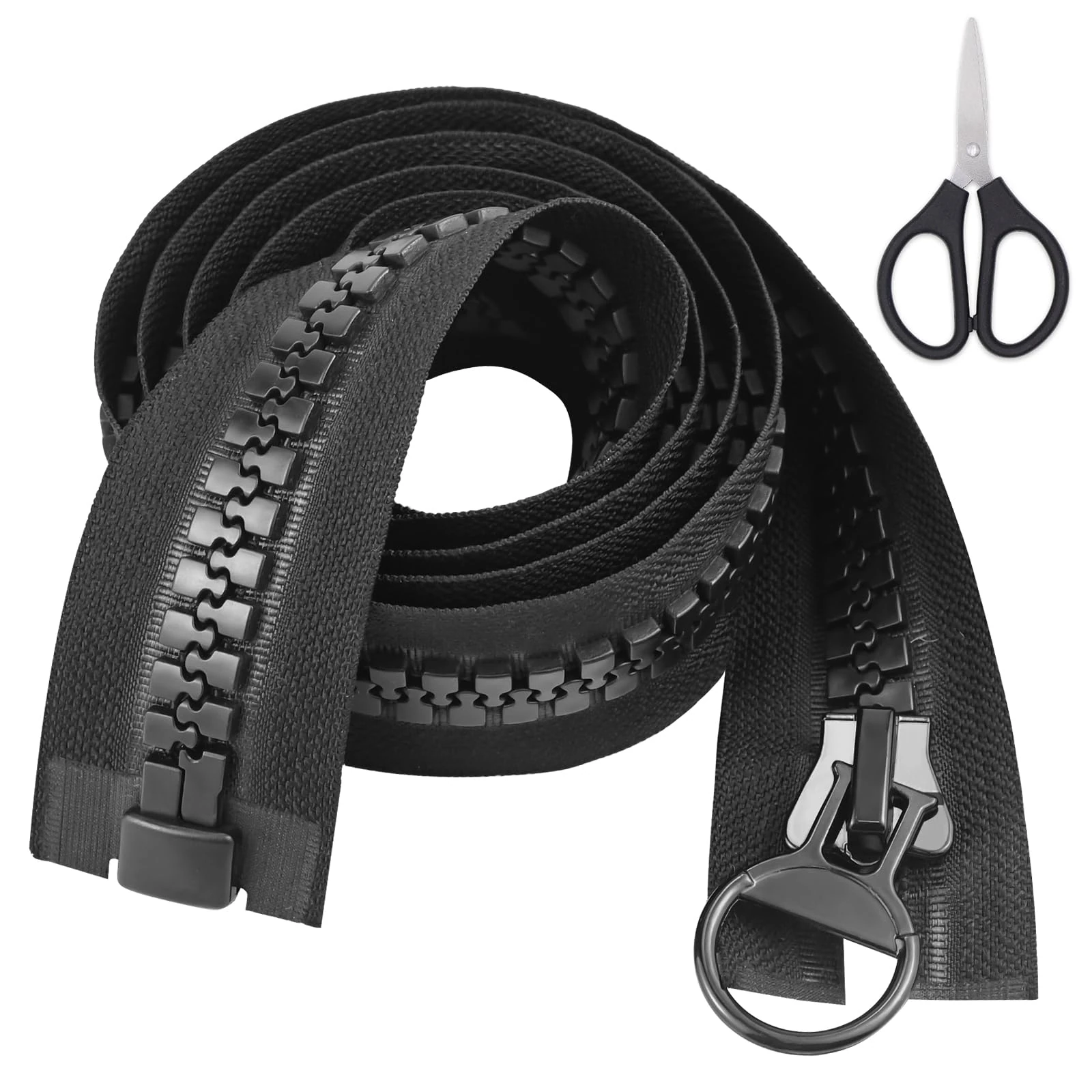 Plastic Zip with Scissors, 150cm Extra Long Zips Chunky Zip, Large Separable Black Waterproof ZipS Replacement for Jackets, Heavy Duty Open Ended Zips for Coat Down Jacket Sewing Tailor Tents