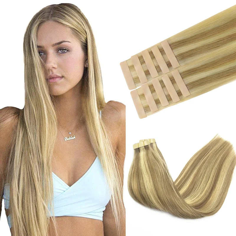 GOO GOO Tape in Hair Extensions human hair, tape Hair Extensions, 14inch 25g 10pcs, Human Hair Extensions, 16/22A Golden Blonde