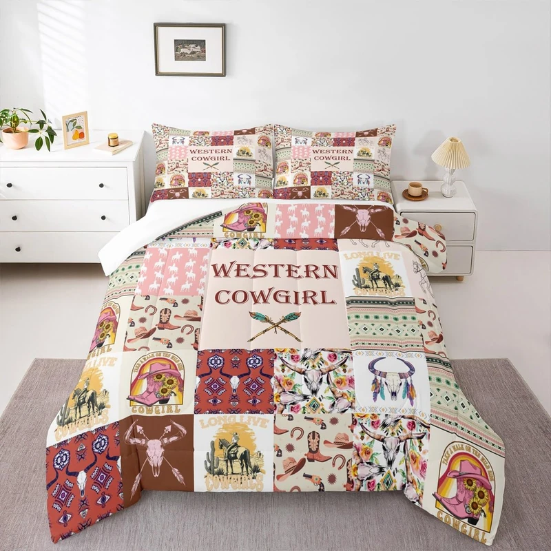 Castle Fairy Western Cowgirl Comforter Set Queen Size, Southwest Cowboy Bull Skull Arrow Print Bedding for Kids Girls Boys Women Room Decor, Beige Tribal Striped Plaid Quilt Rustic Duvet Insert 3Pcs