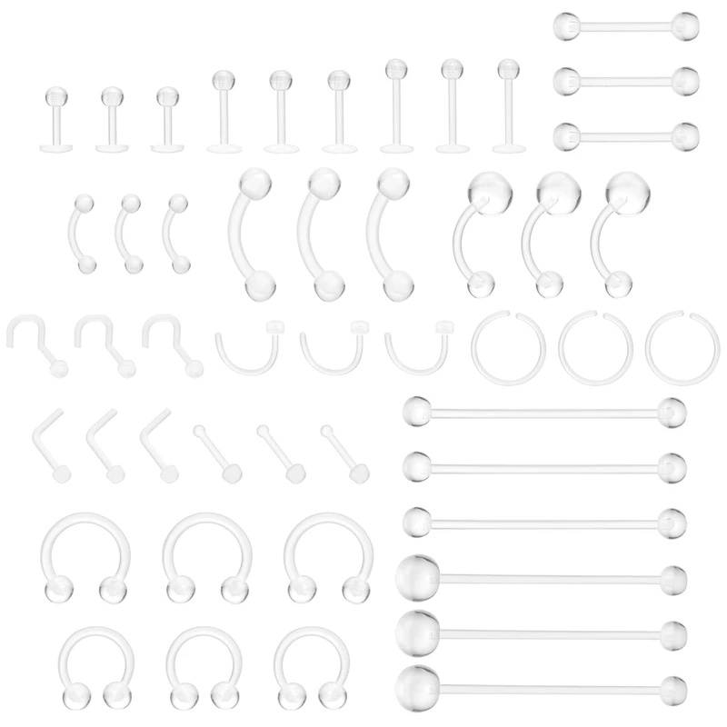 Yolev 48Pcs Piercing Jewelry Set - Acrylic Clear & Colored Septum Rings, Nose Studs, Lip, Cartilage, Tongue, Belly, Nipple & Eyebrow Bars